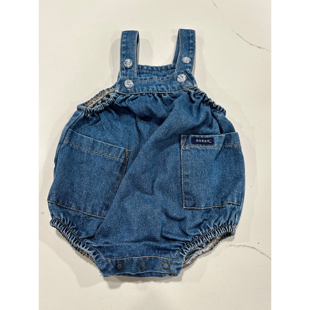 Vintage Guess Denim Bubble Romper Baby 9M Blue Cotton One Piece‎ Made in USA